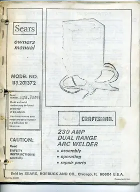 113.201372 Craftsman 61337 Vintage 230 Amp Dual Range Arc Welder Owners Manual #61337