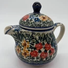 Polish Pottery Creamer W/ Lid Unikat 1625 Starzyk Perennial Pink Yellow Blue Used. Price: $28.00.